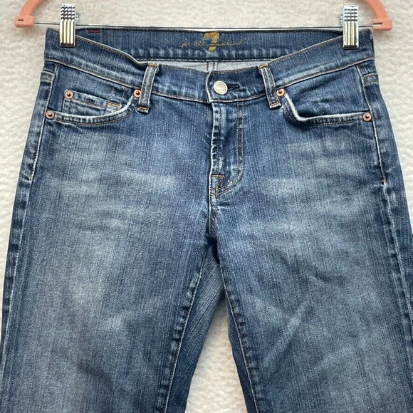 7 For All Mankind Jeans Womens 27 Blue Boot Cut Low Rise Medium Wash Raw Hem - Picture 4 of 15